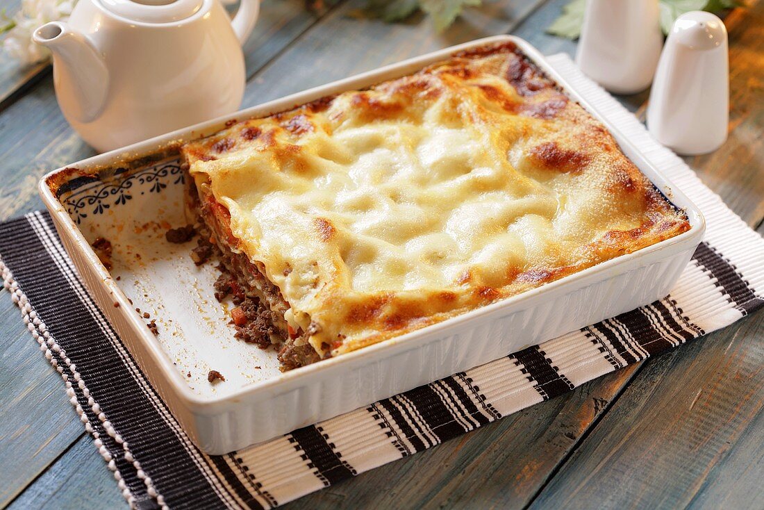 Mince lasagne in baking dish