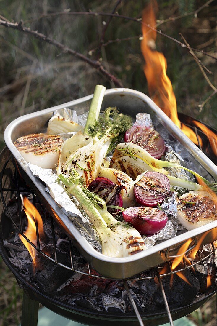 Barbecued onions and fennel marinated in wine, on barbecue