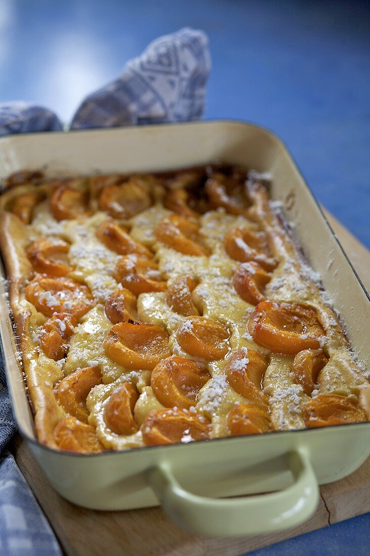 Apricot pudding in baking dish