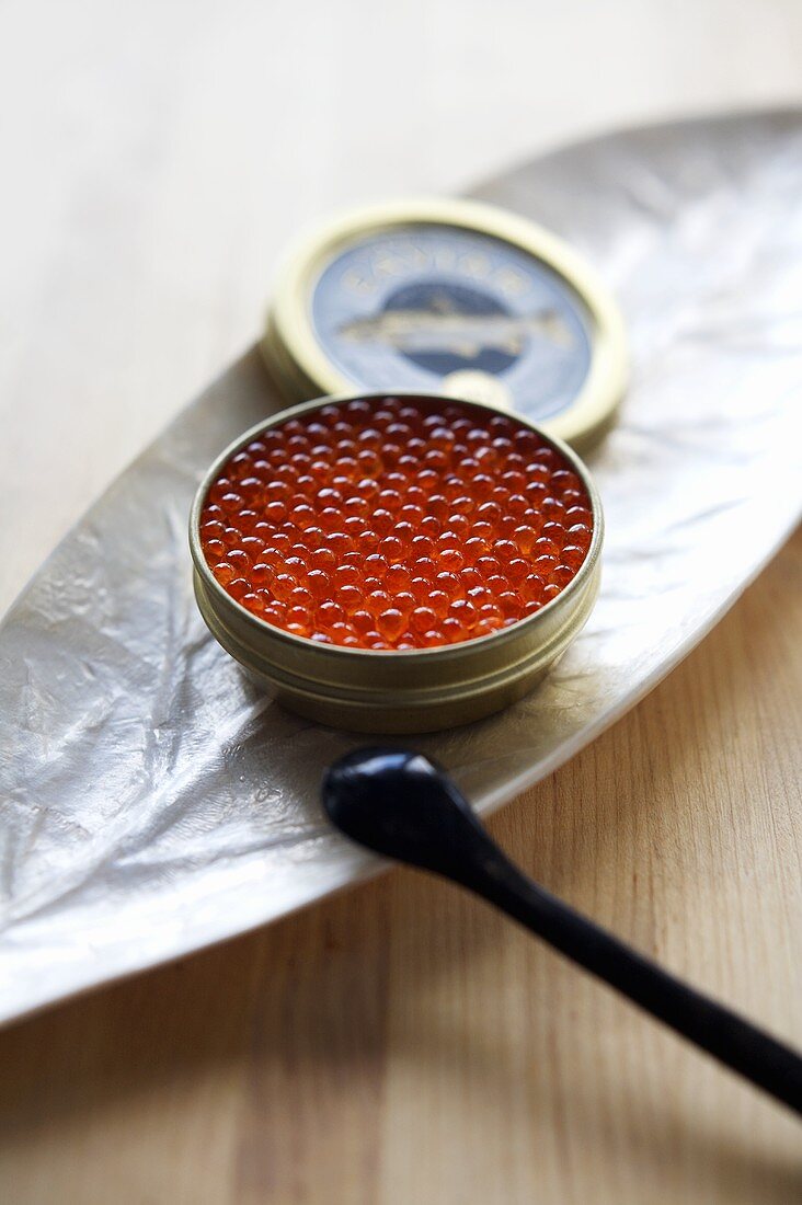 Trout caviar in tin in mother-of-pearl dish