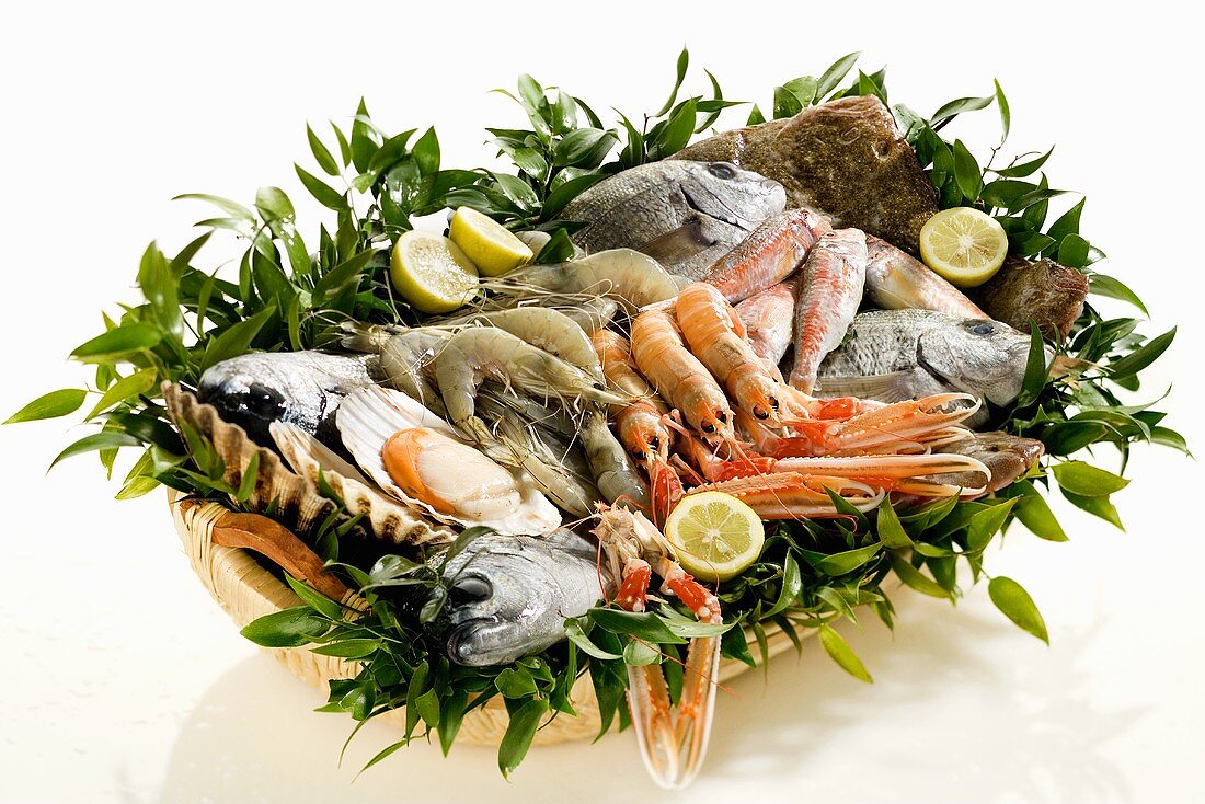Fresh fish and seafood in basket