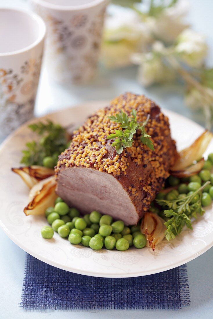 Roast beef with peas