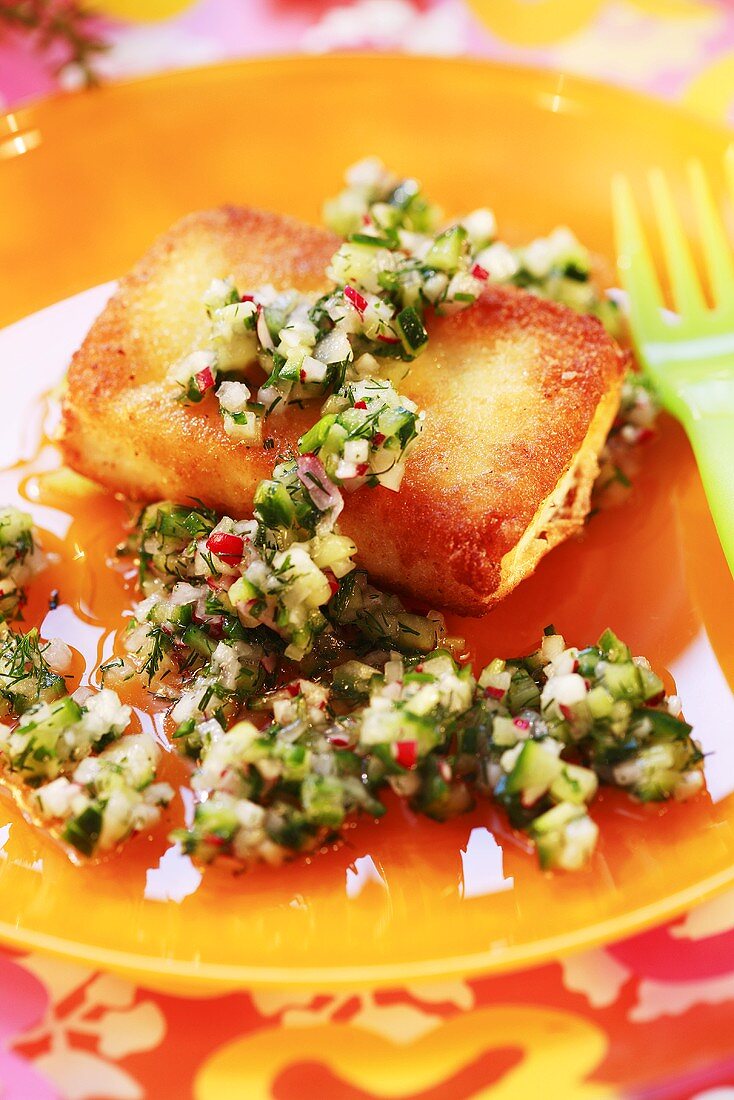 Breaded feta cheese with cucumber salsa