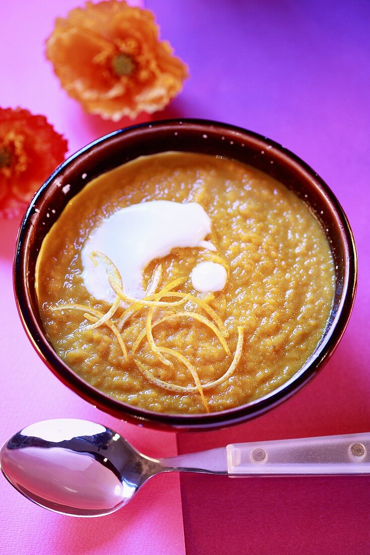 Carrot and orange soup with sour cream