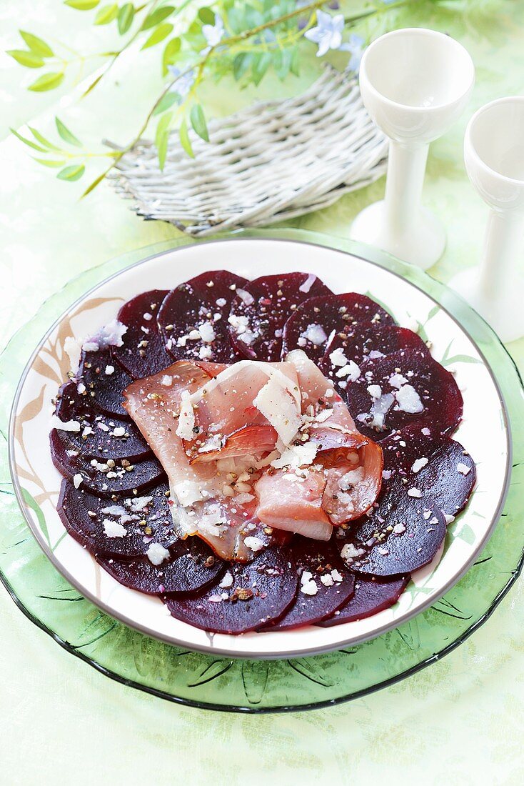 Beetroot carpaccio with ham for Easter