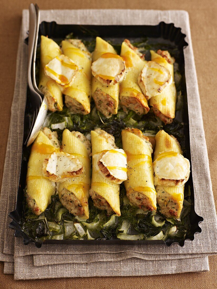 Cannelloni on a bed of kale