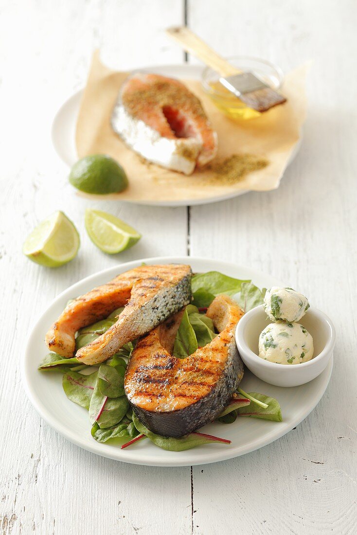 Barbecued salmon steaks