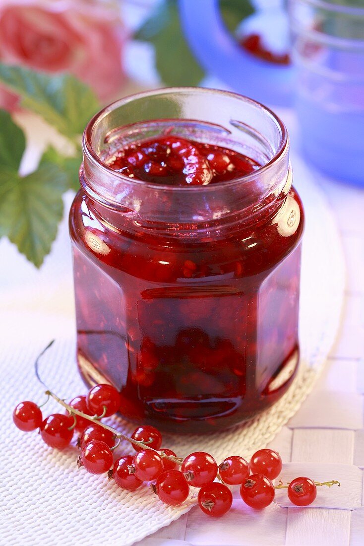 Raspberry and redcurrant jam in jar