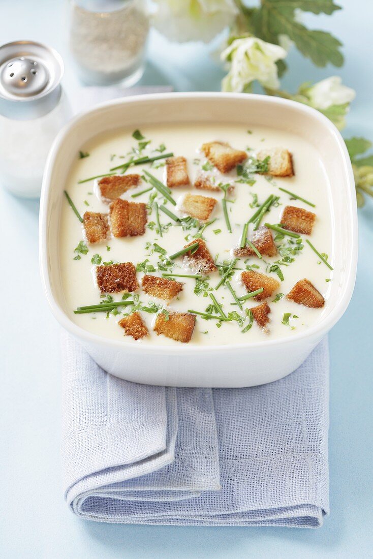 Cheese soup with chives and croutons (Holland)