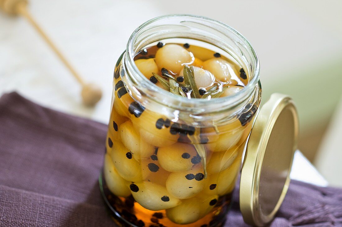 Pickled onions in jar