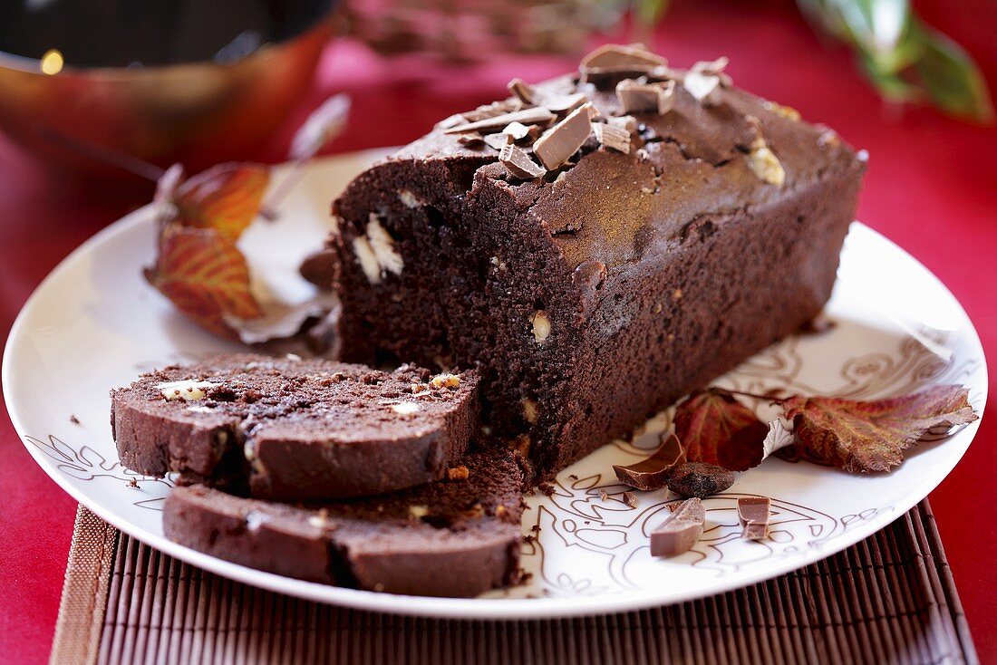 Chocolate loaf cake, partly sliced