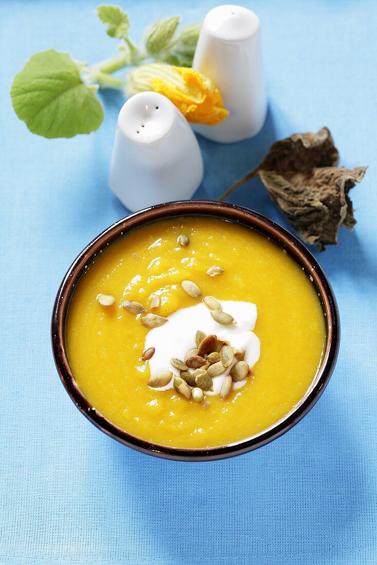 Cream of pumpkin soup with sunflower seeds