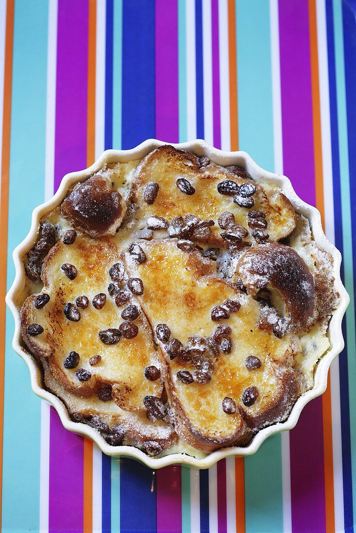 Bread and butter pudding with raisins