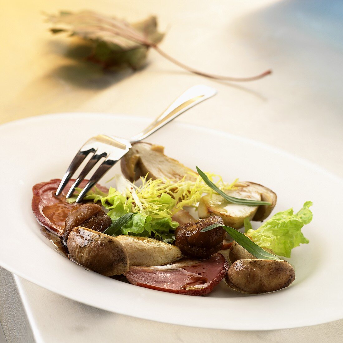 Cep salad with slices of duck breast