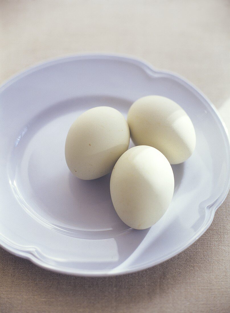 Three white hen's eggs on a plate