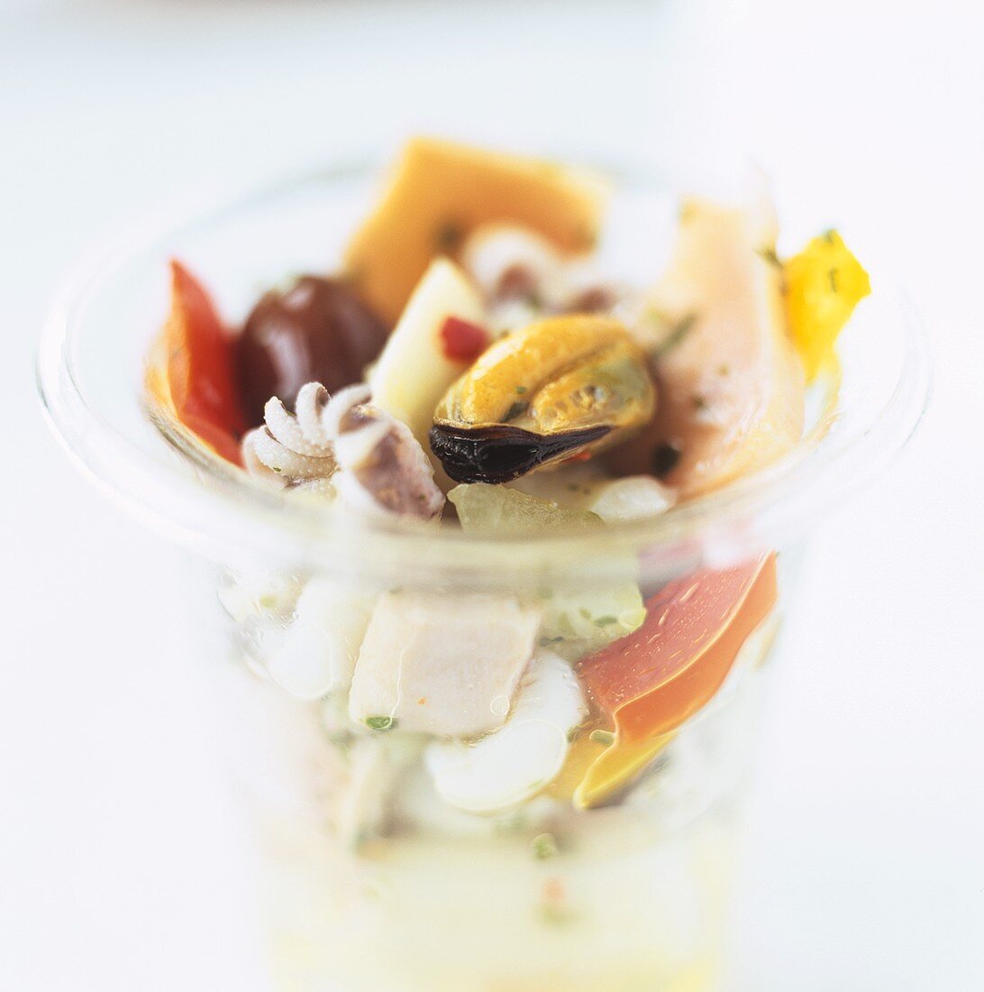 Seafood salad in a preserving jar