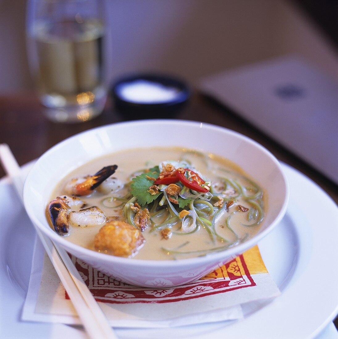 Asian noodle soup with seafood