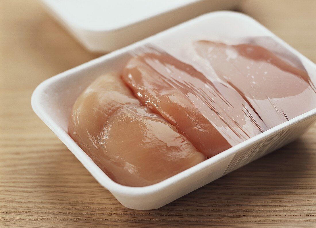 Chicken breast fillets in opened packaging