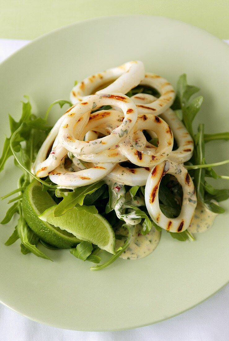 Grilled calamari with lime on rocket