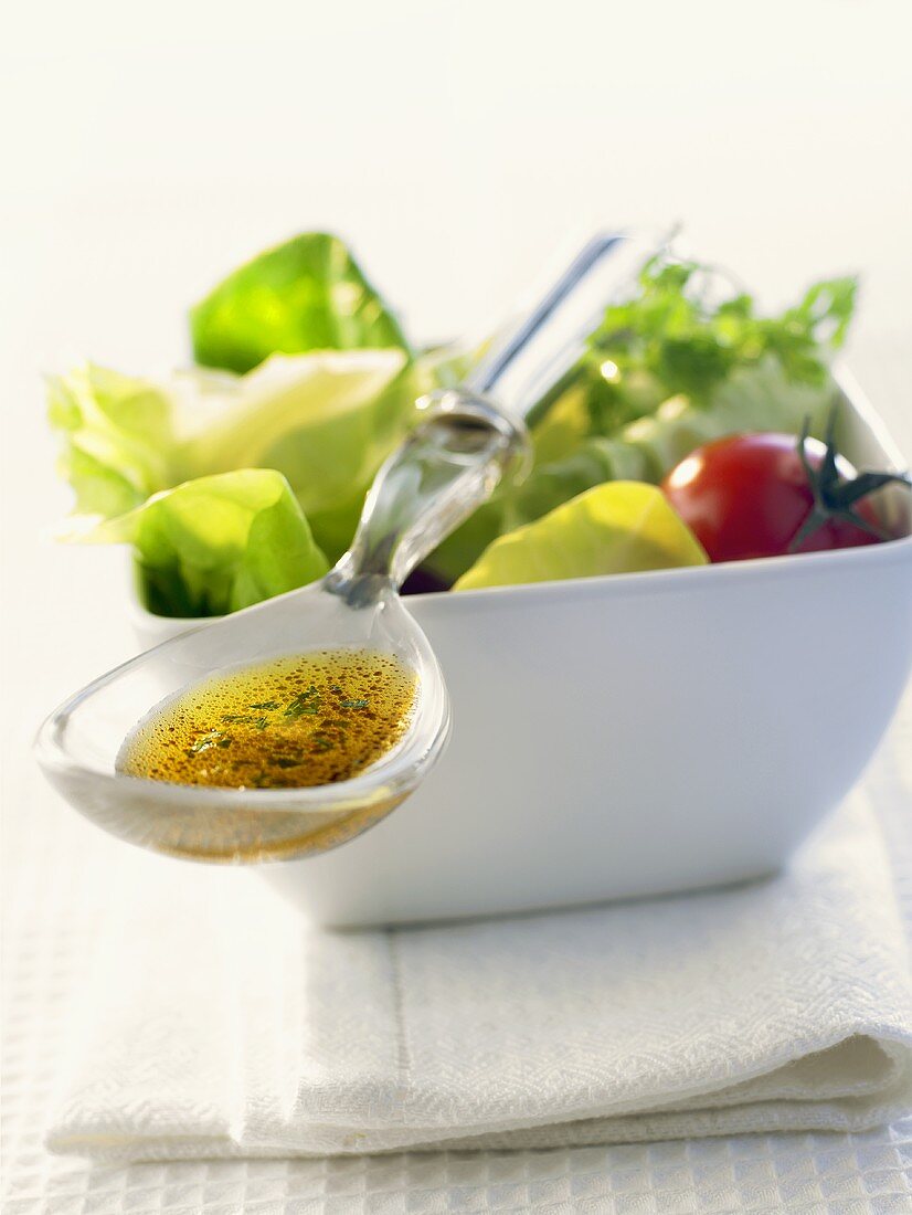 Spoonful of dressing lying on bowl of salad