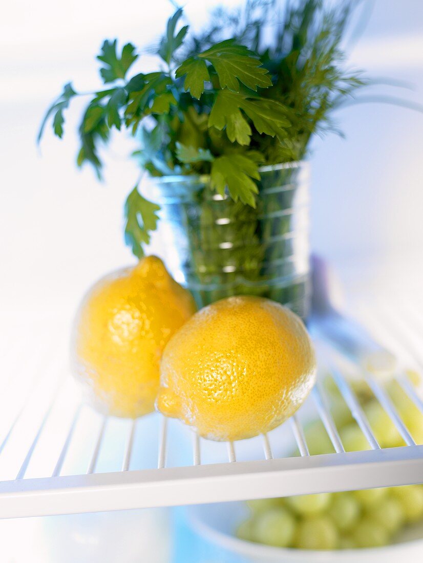 Two lemons in front of a glass of herbs in fridge