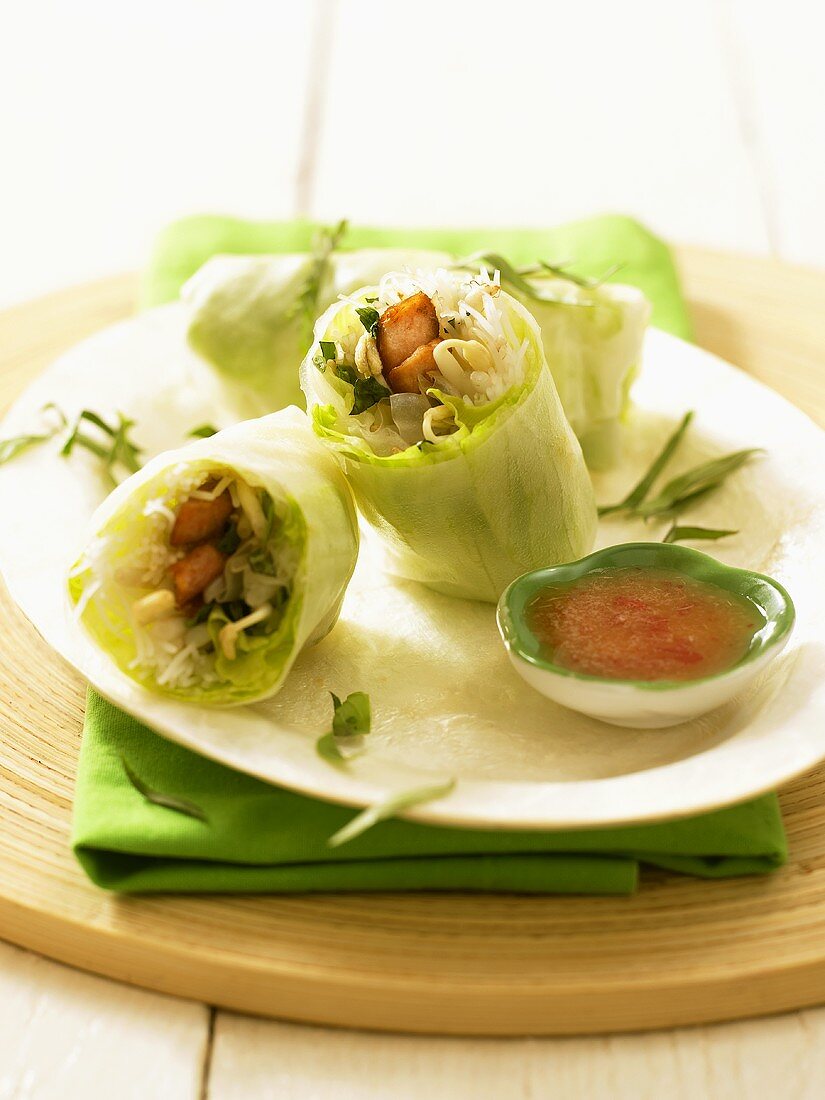 Vietnamese spring rolls with dip on plate