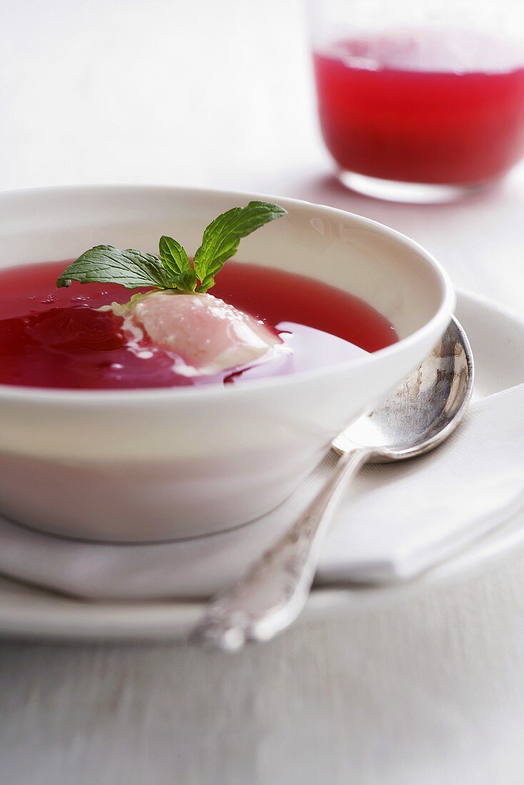 Rhubarb soup with rhubarb ice cream