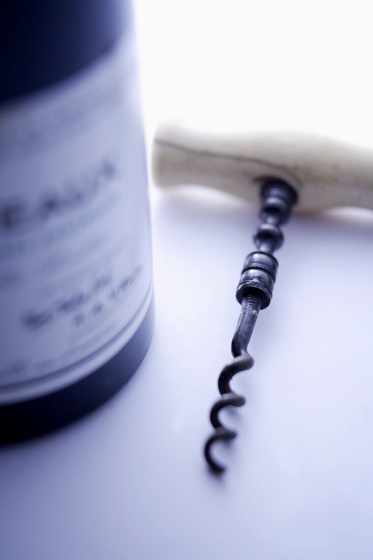 Corkscrew beside a wine bottle