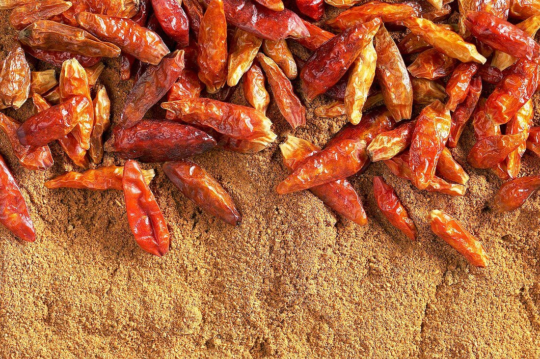 Dried chili peppers and chili powder, full frame