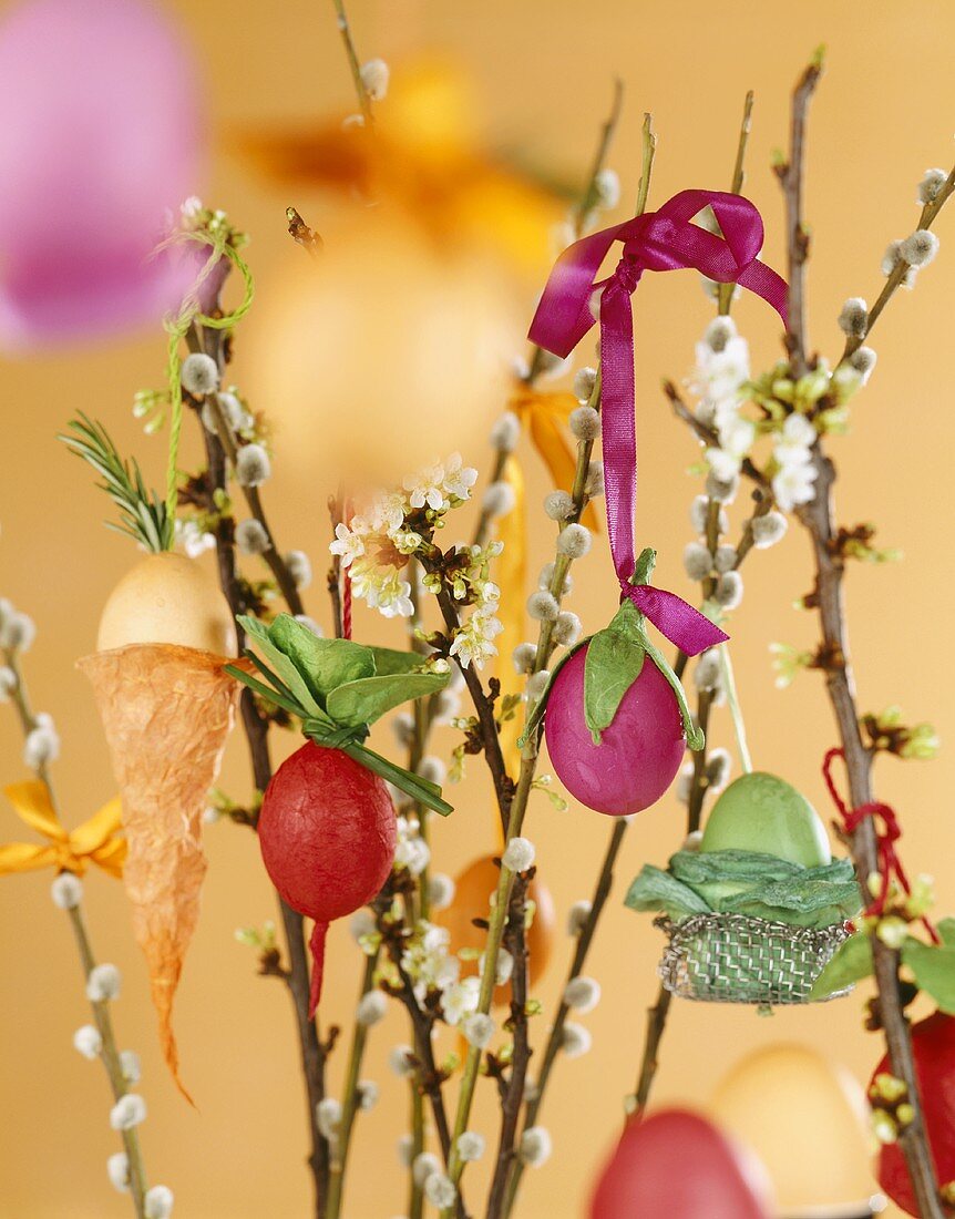 Pussy willow decorated with Easter eggs