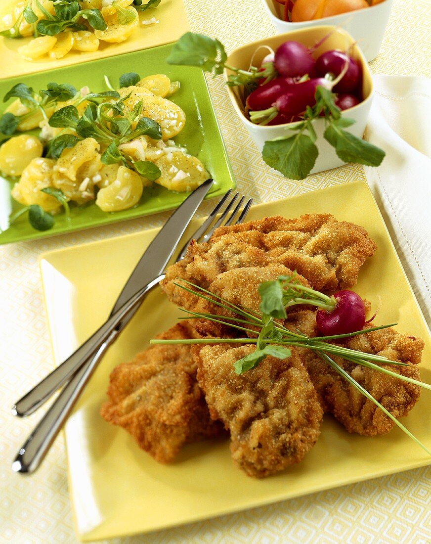 Breaded escalopes with potato salad and radishes