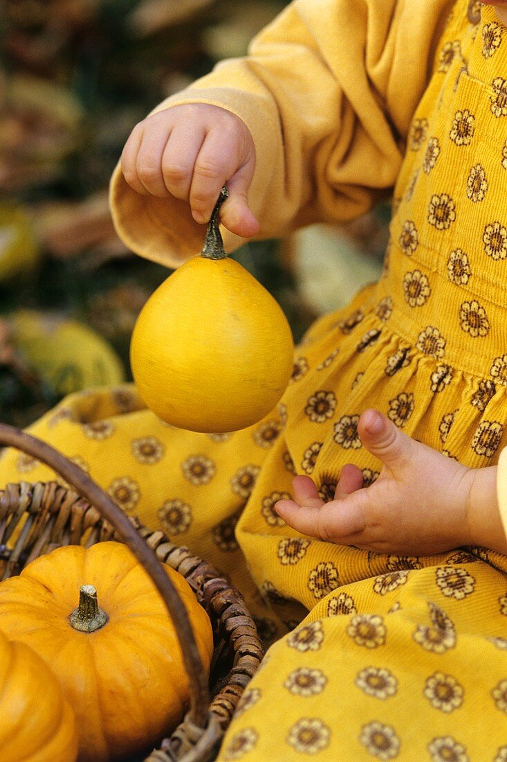 Girl holding a baby pumpkin (detail)