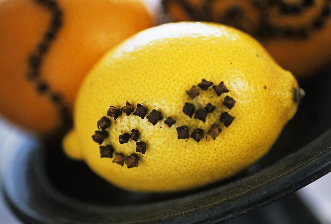 Mit Nelken gespickte Zitrone und Orangen (Nahaufnahme)