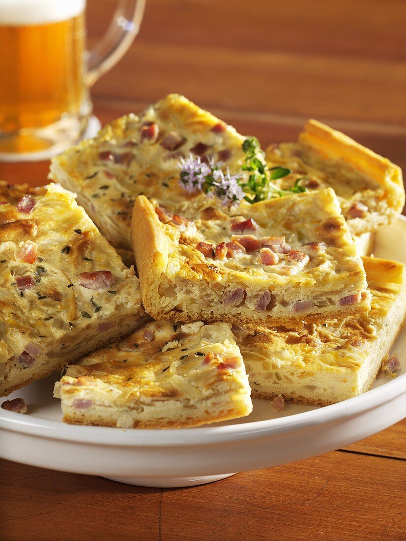 Pieces of onion tart with bacon