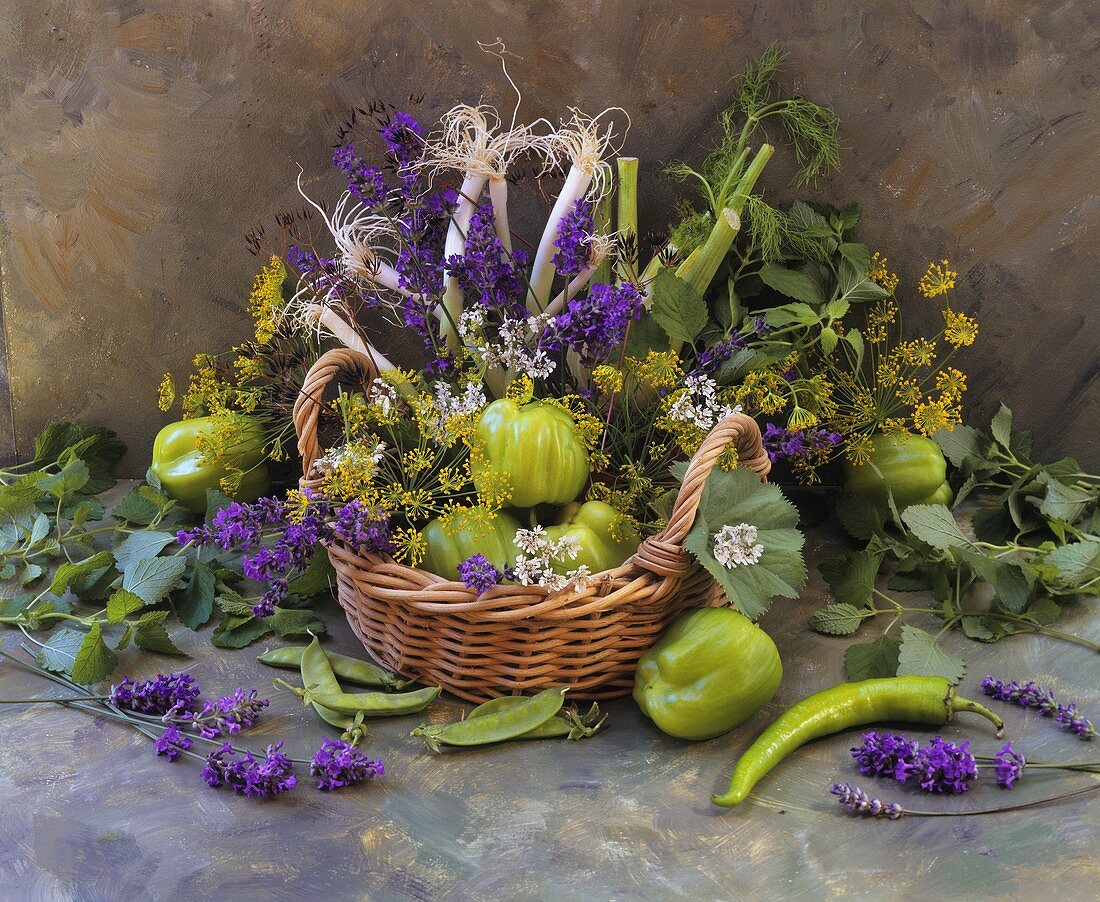 Still life with vegetables and flowers