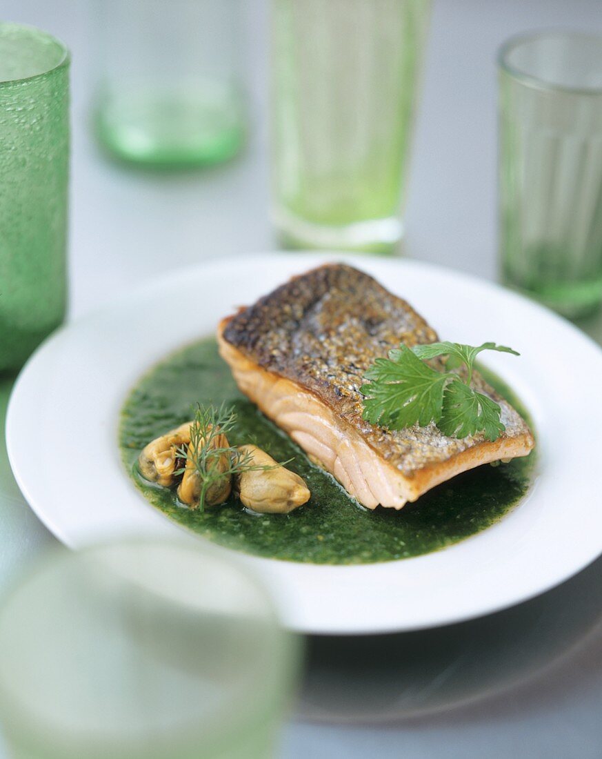 Fried salmon with mussels and herb sauce