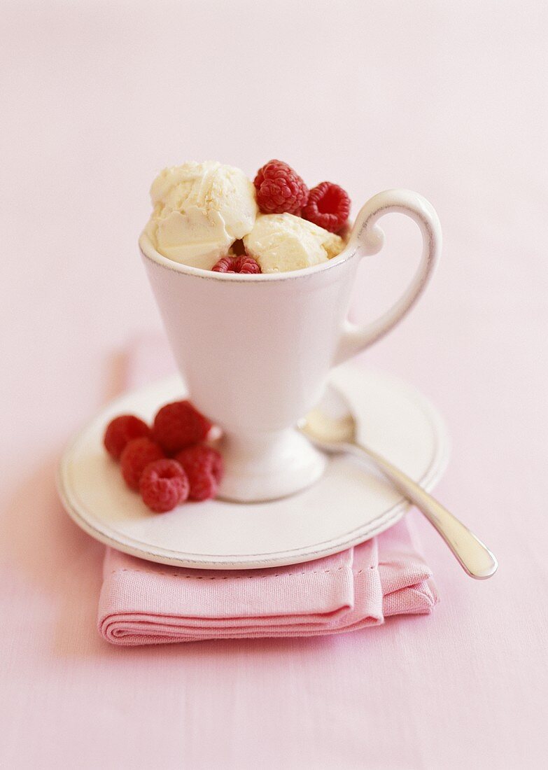 Vanilla ice cream with fresh raspberries