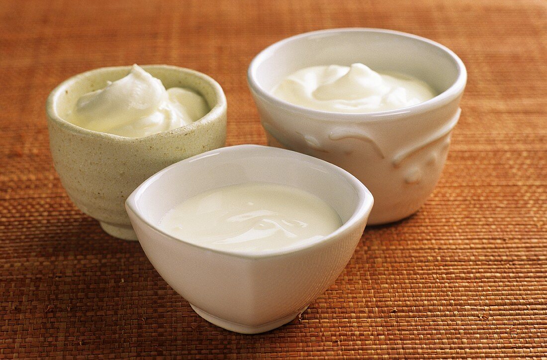 Sour cream, yoghurt and crème fraîche in small white bowls