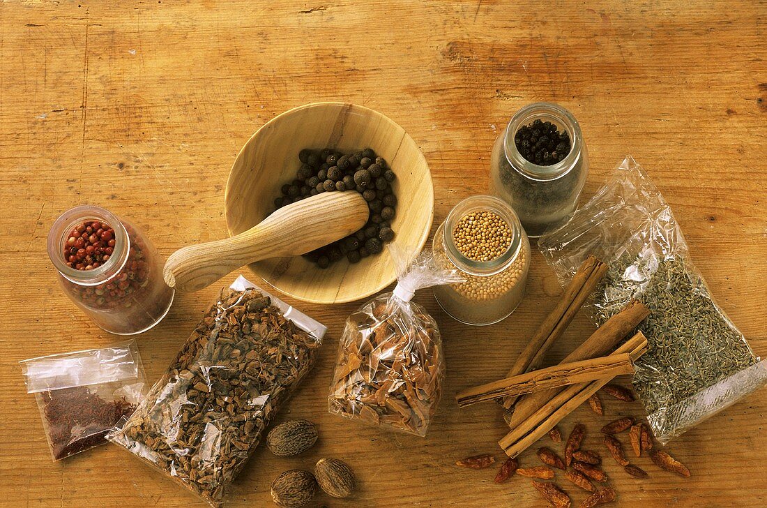 Assorted spices, mortar and pestle