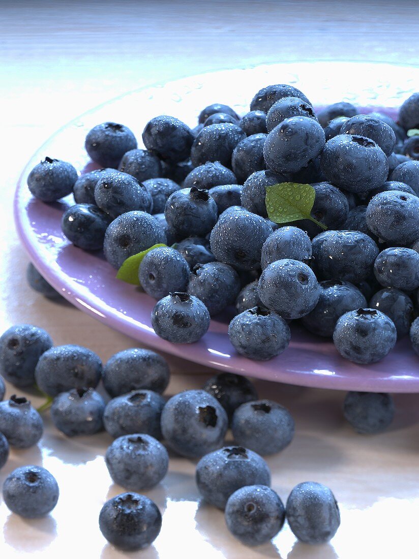 Blueberries on and in front of a plate