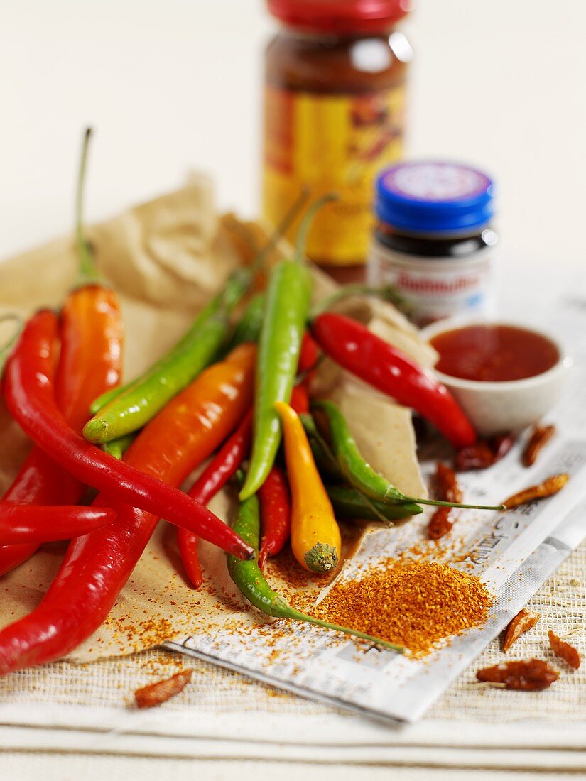 Assorted chili peppers and chili seasonings