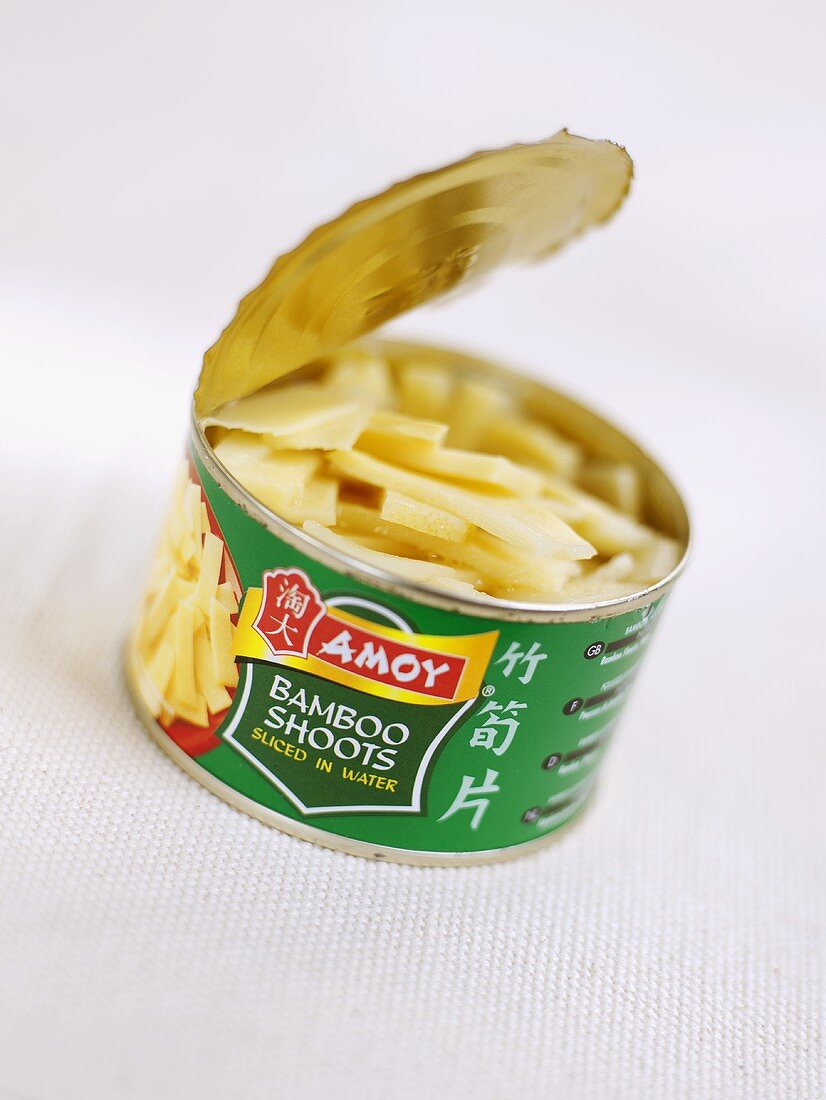 Bamboo shoots in an opened tin