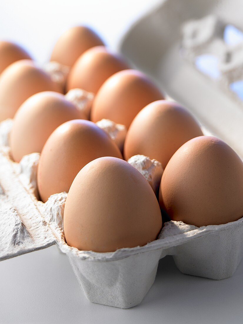 Ten brown eggs in open egg box (close-up)
