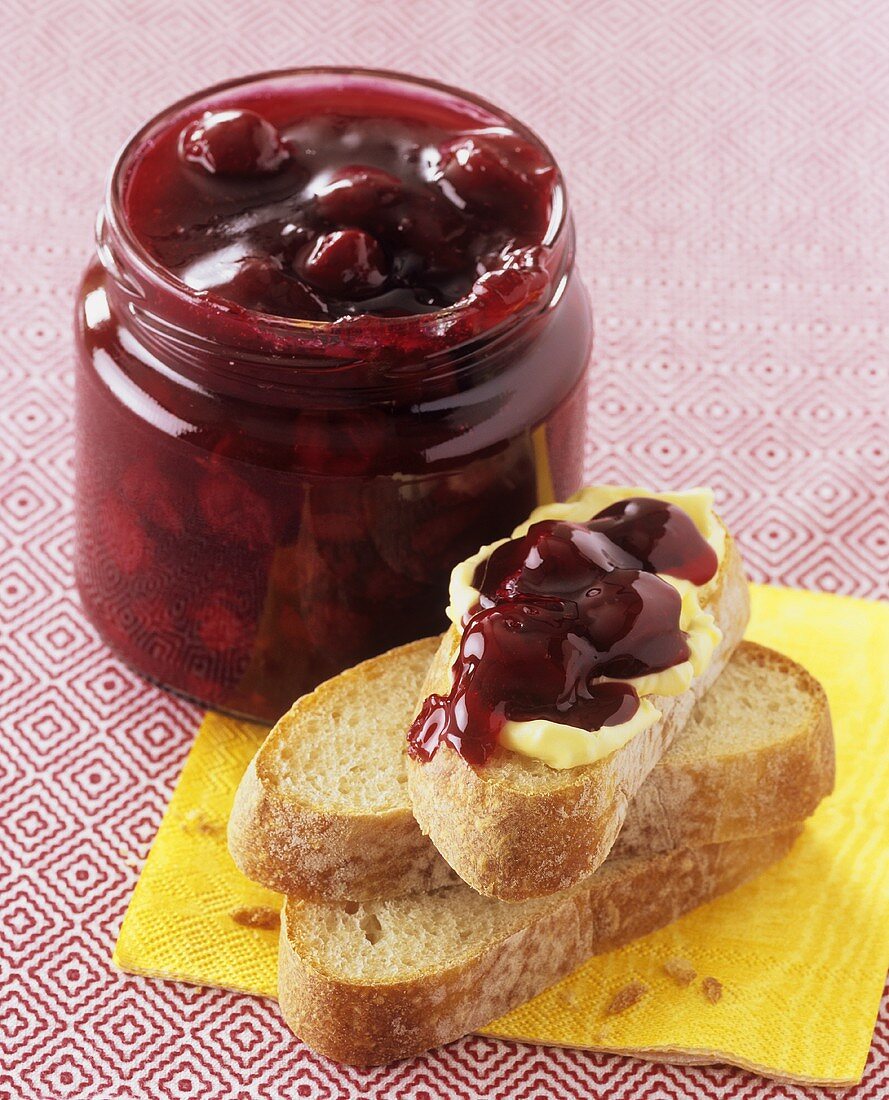 Morello cherry jam on slice of white bread