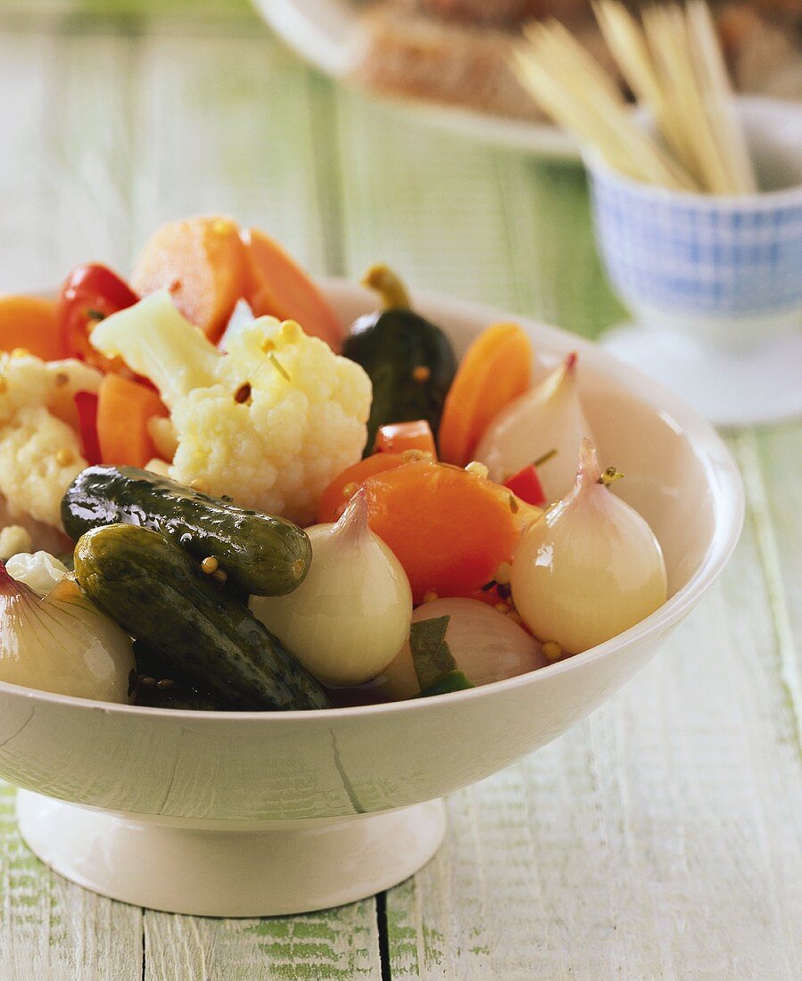 Mixed pickles in small bowl