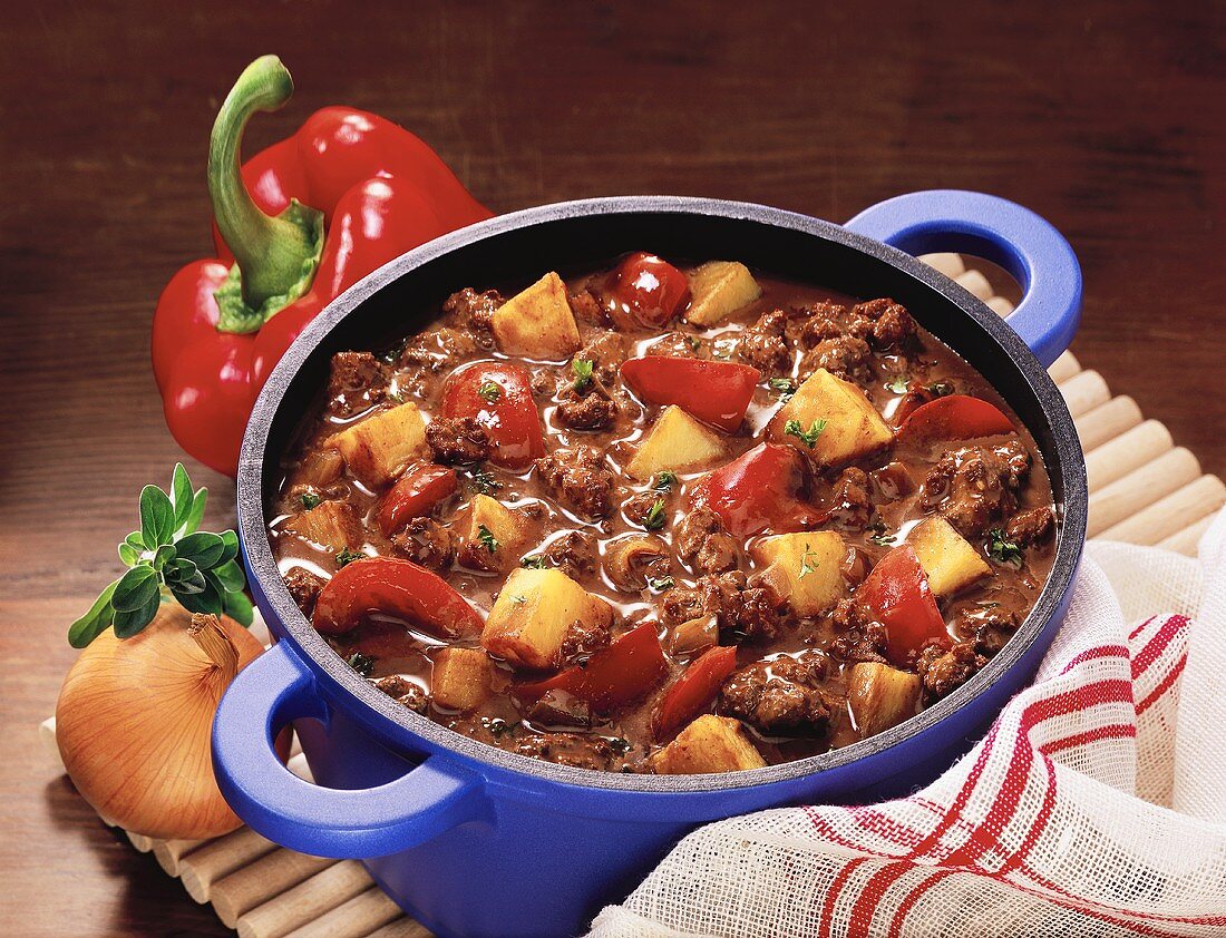Chili potato stew in pan