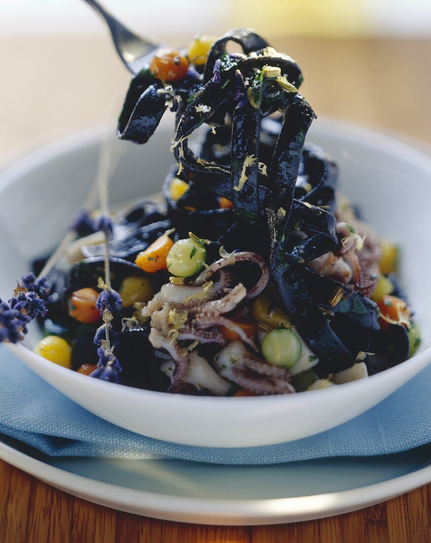Black ribbon pasta with calamaretti, fennel and lavender