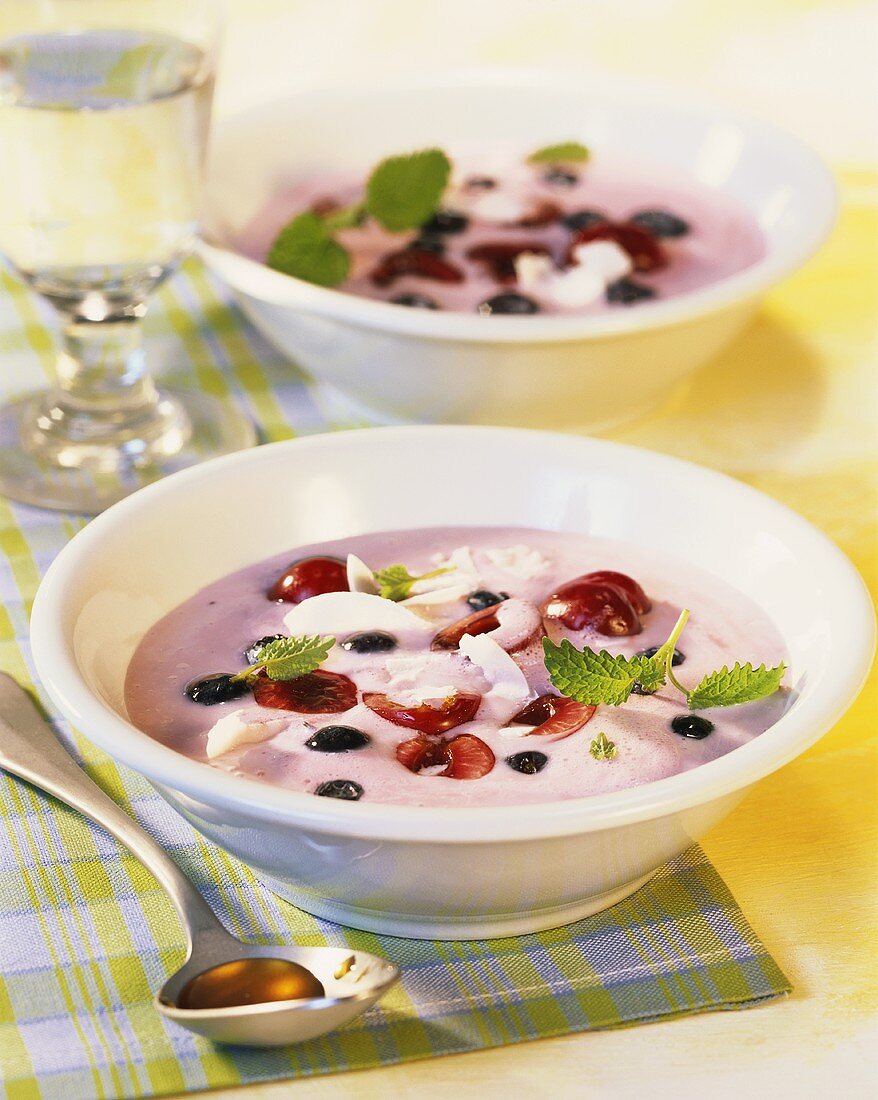 Cold soya and coconut soup with fruit