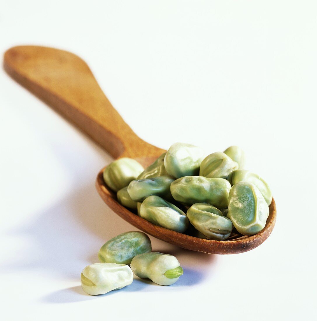 Broad beans on a wooden spoon