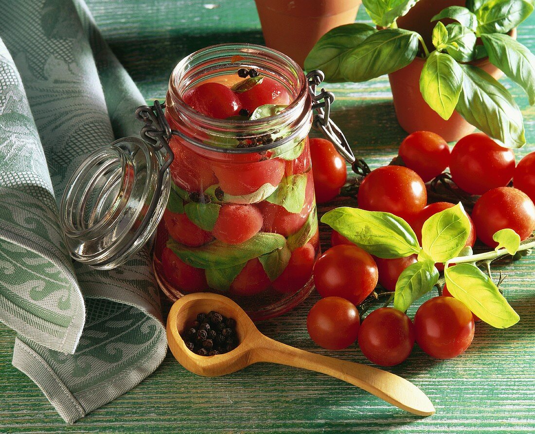 Bottled tomatoes and basil